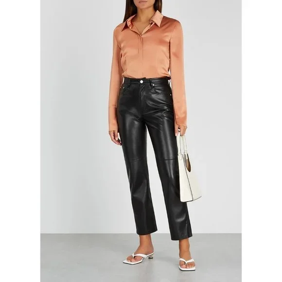 Nanushka Vinni Vegan Faux Leather Crop Straight Leg Trouser Pants - Picture 3 of 8